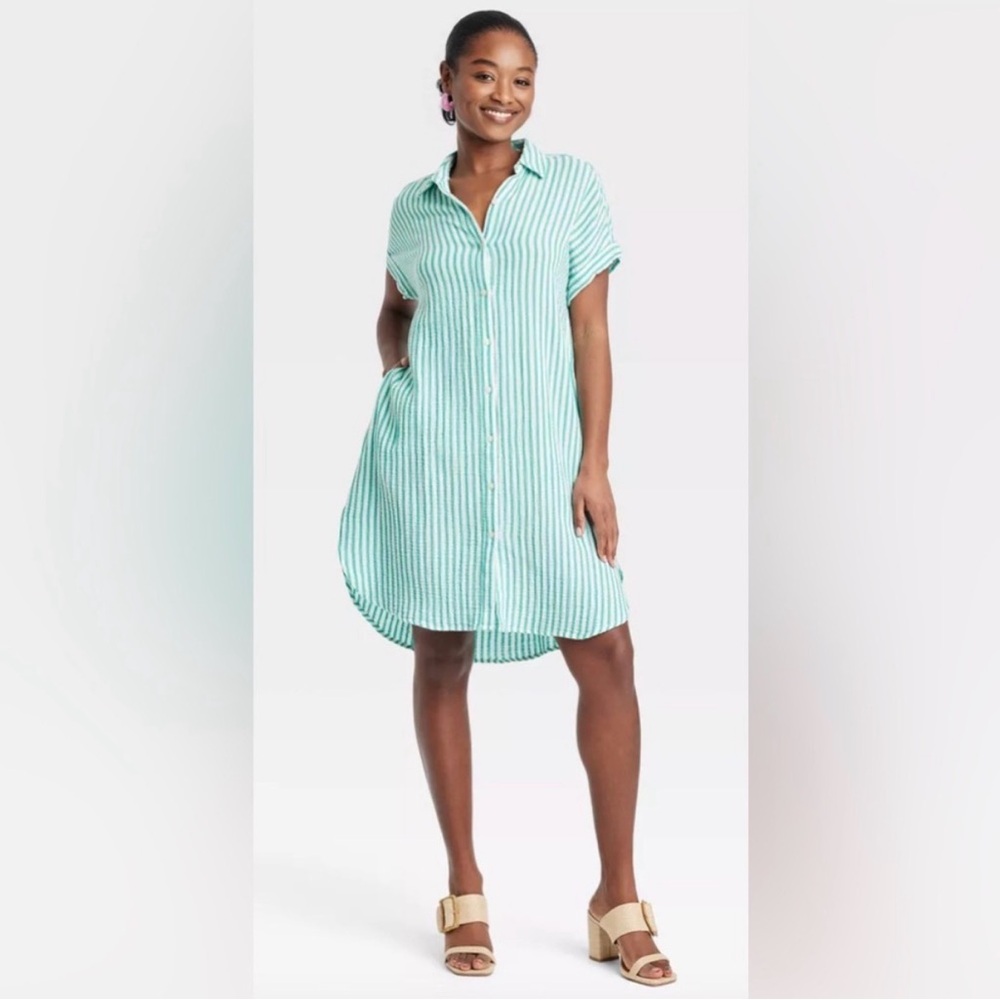 Universal Thread Green White Stripe Gauzy Button Dress Size Small